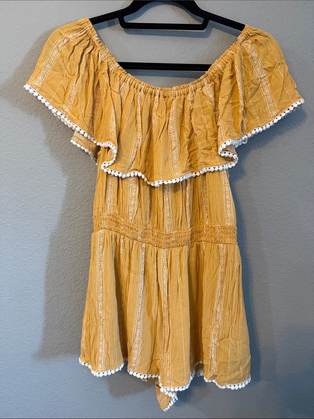 Lulus Mustard Off Shoulder Boho Pom Pom Romper Size L